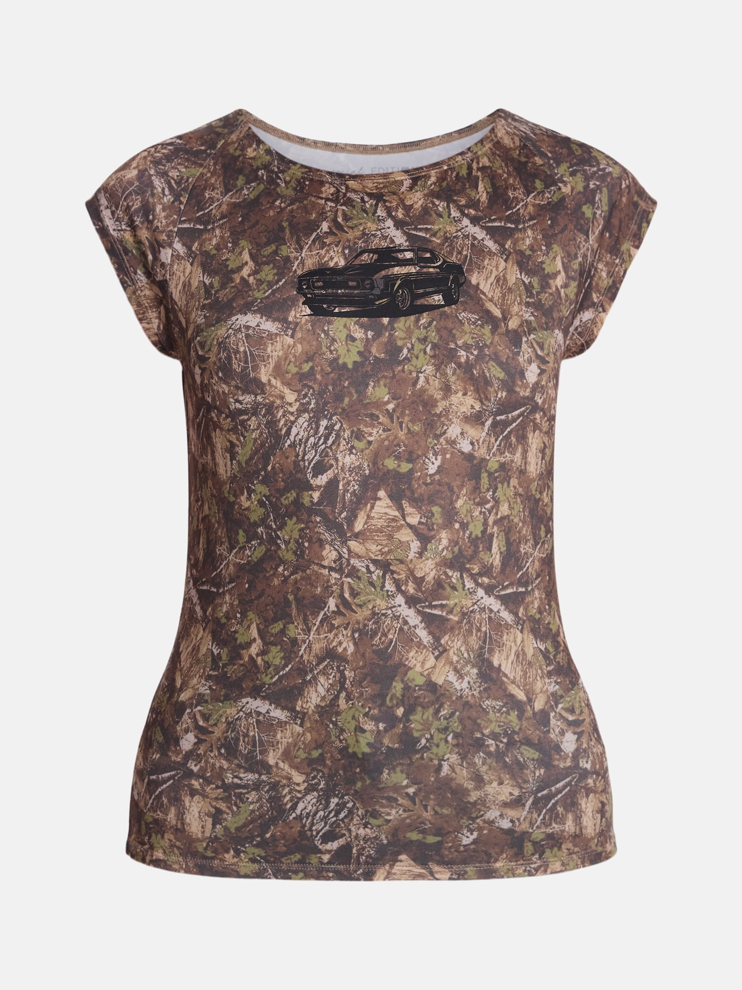 Muscle Car Women's Camo Graphic Tee with Cap Sleeves, Sizes XXS-XXL