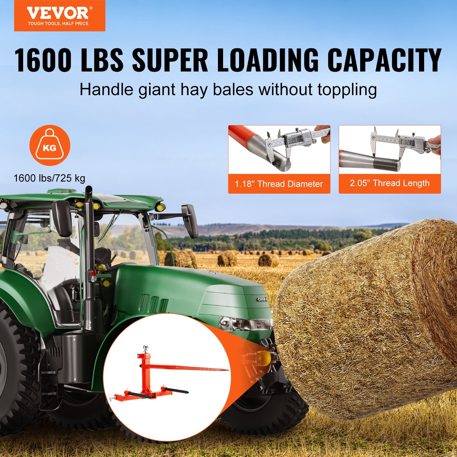 KFFKFF 49" Hay Spear Bale Spears Skid 3-Point Hitch Tractor Attachment 1600lbs