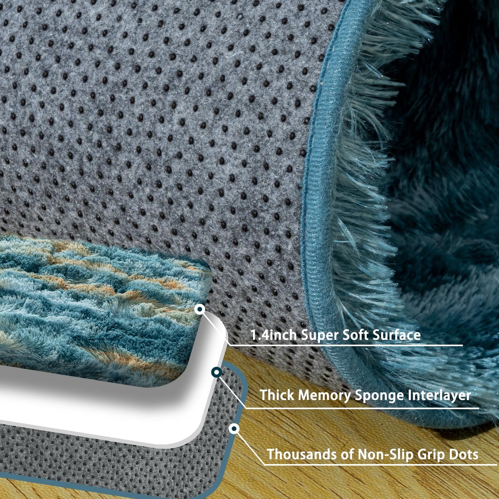 ZENELESS Fluffy Shag Rug,4x6ft Blue and Yellow Super Soft Indoor Modern Area Rugs Perfect for Kid's Room, Cloakroom