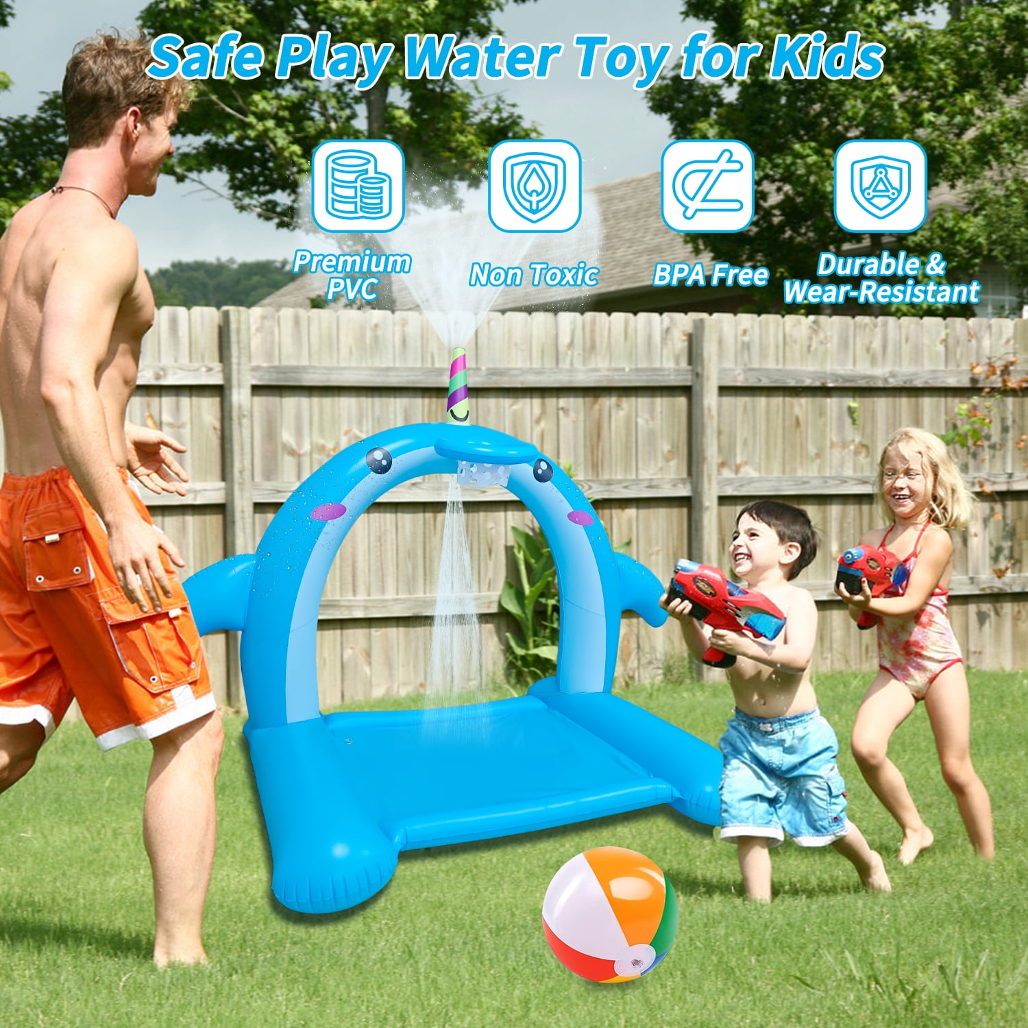 Inflatable Sprinkler Toys for Kids, Giant Inflatable Dolphin Water Toys Splash Pad with Basketball Hoop, Fun Sprinkler Summer Outdoor Game for 3-8