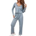 thumbnail image 5 of Women's Knit 2 Piece Outfit Long Sleeve Button V Neck Knit Pullover Sweater Top and Loose Long Pants Lounge Pajamas Sets, 5 of 5