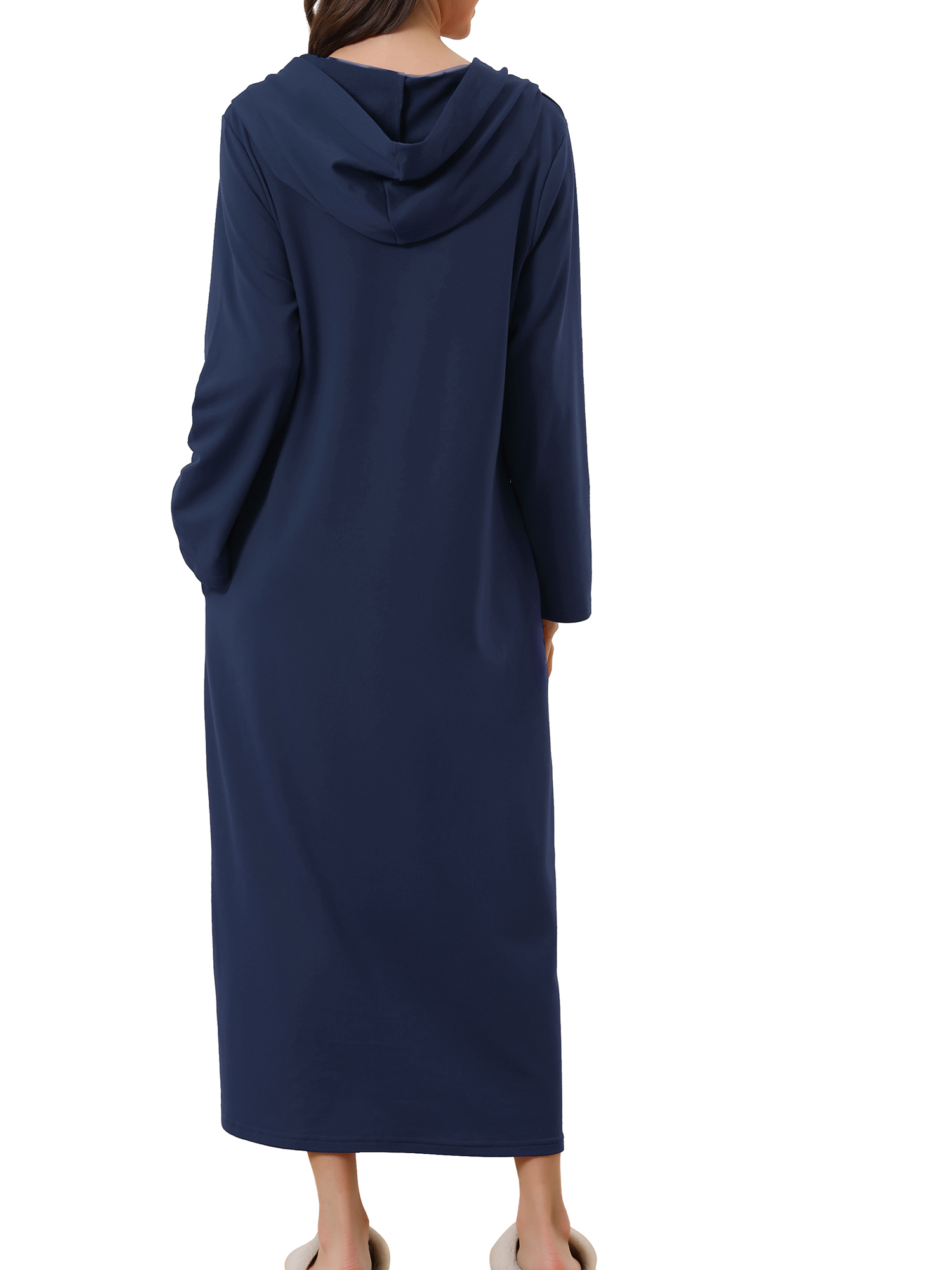 Unique Bargains Womens Robe Zip up Hooded House Dress Nightshirt Hoodie Long Bathrobe XL Navy Blue