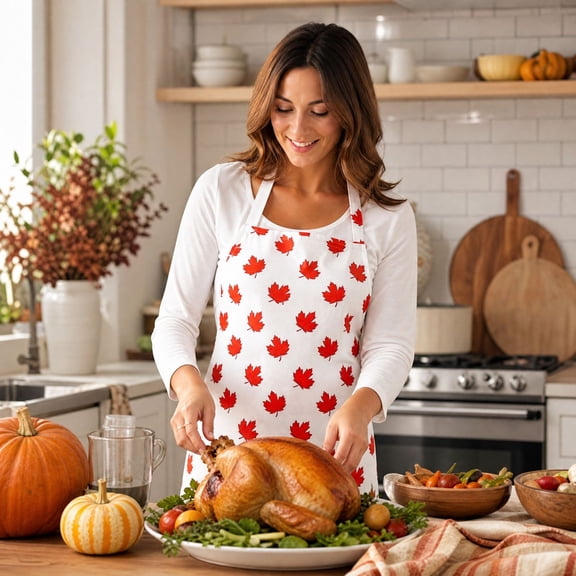 Fall Maple Leaves Twill Cotton Apron, Waterproof Unisex Resistant Cooking Apron, Autumn Washable Kitchen Apron wtih Adjustable Back Strap, for Thanksgiving Dinner Baking BBQ Grilling Party