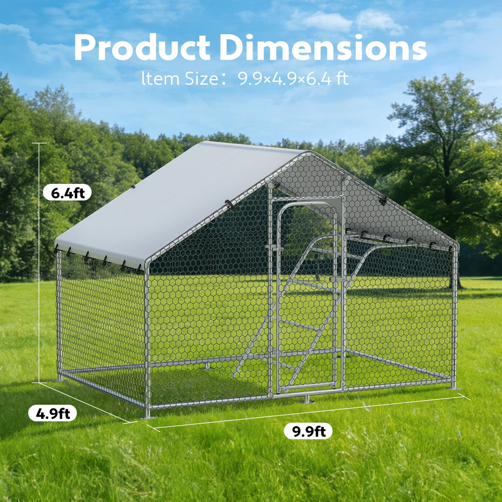 Time Ray Outdoor Chicken Coop with Roosting for 5 Chickens Run Walk-in Metal Poultry Cage for Outdoor Backyard Chicken Run