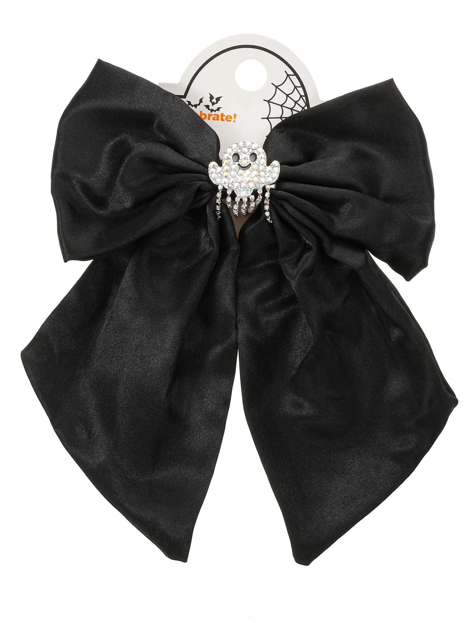 Way to Celebrate Halloween Embellished Ghost Charm Hair Bow, Black, 1 Piece, Barrette Hair Clip