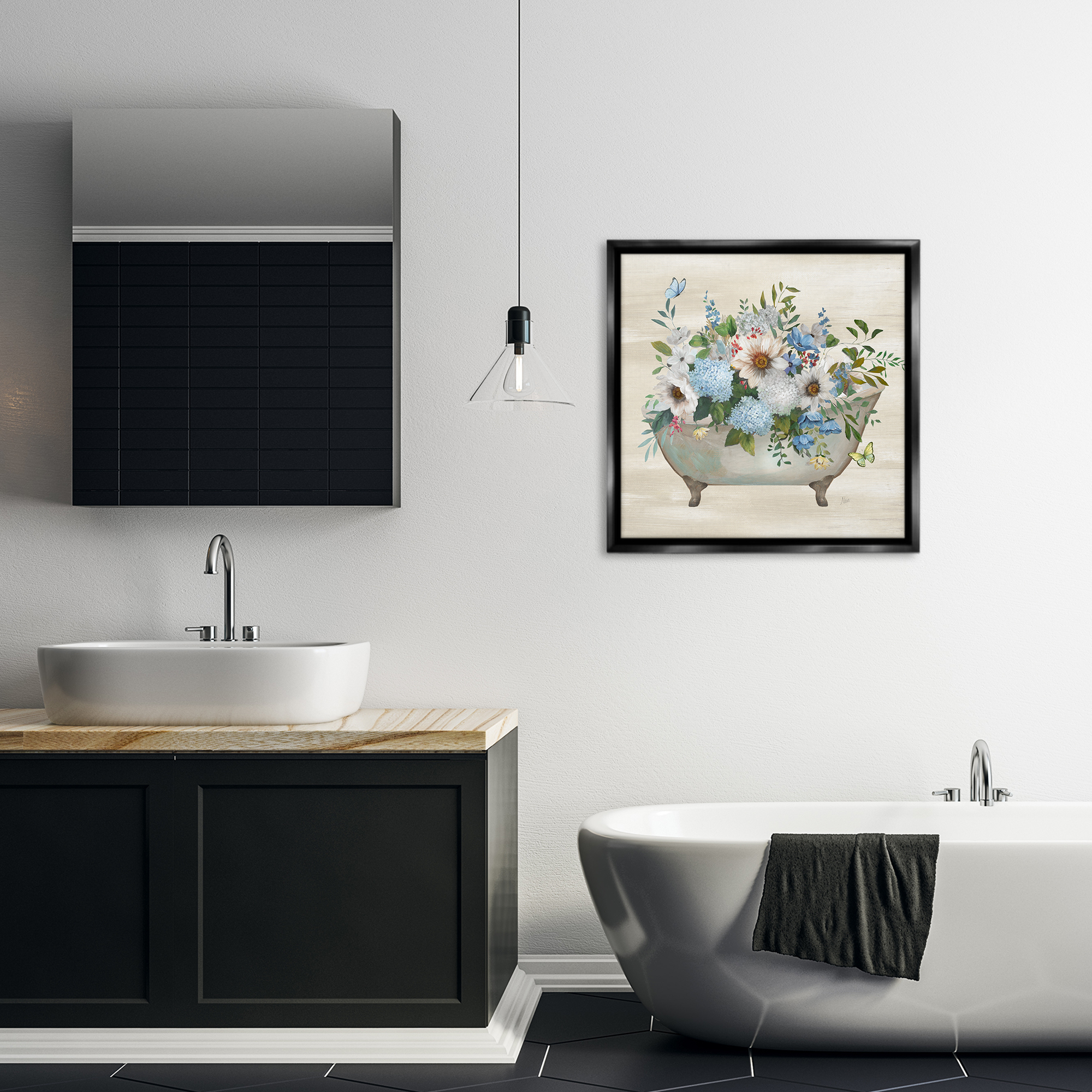 Stupell Industries Floral Bouquet Bathtub Typography Painting Black Floater Framed Canvas Art Print Wall Art, 25 x 25