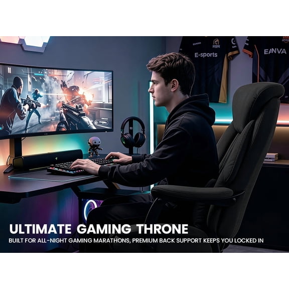 Big and Tall Office Chair, 500LBS Ergonomic Executive Office Chair with Foot Rest, 155° Reclining High Back Gaming Desk Chair with Lumbar Support, Adjustable Headrest & Linked Armrests, Black