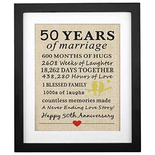 Framed 50 Years of Marriage Burlap Print, Gifts for 50th