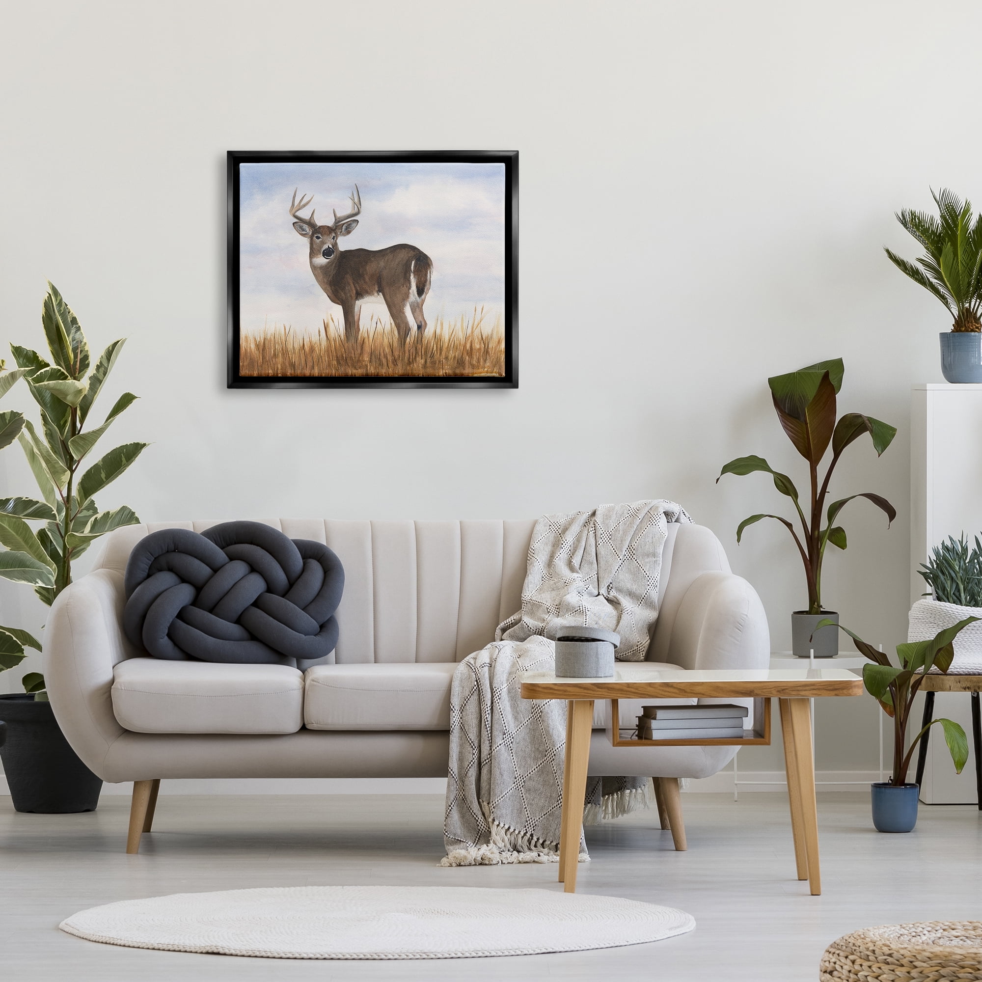 Stupell Industries Deer in Country Grass Animals & Insects Painting Black Floater Framed Canvas Art Print Wall Art, 31 x 25