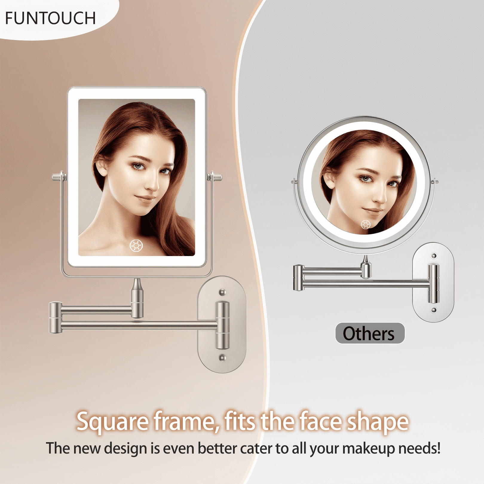 Funtouch Double Sided 1X 10X Magnifying Wall lighted Mounted Makeup Mirror with Extended Arm, 360° Swivel Foldable, 3 Color Settings,Nickel