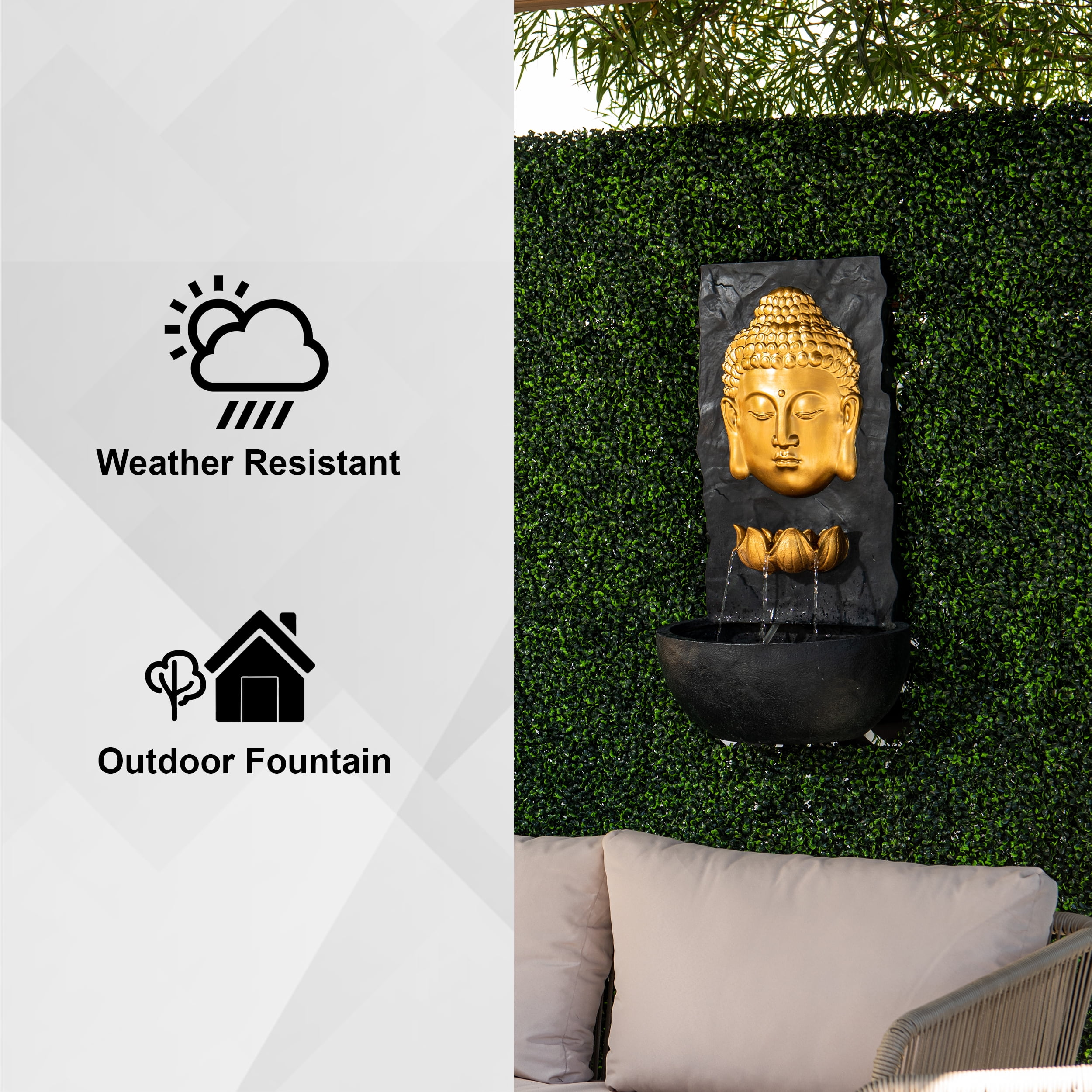 XBrand 30 in H Fiber Resin Wall Buddha Zen Outdoor Garden Water Fountain w/ warm LED Light, Gold