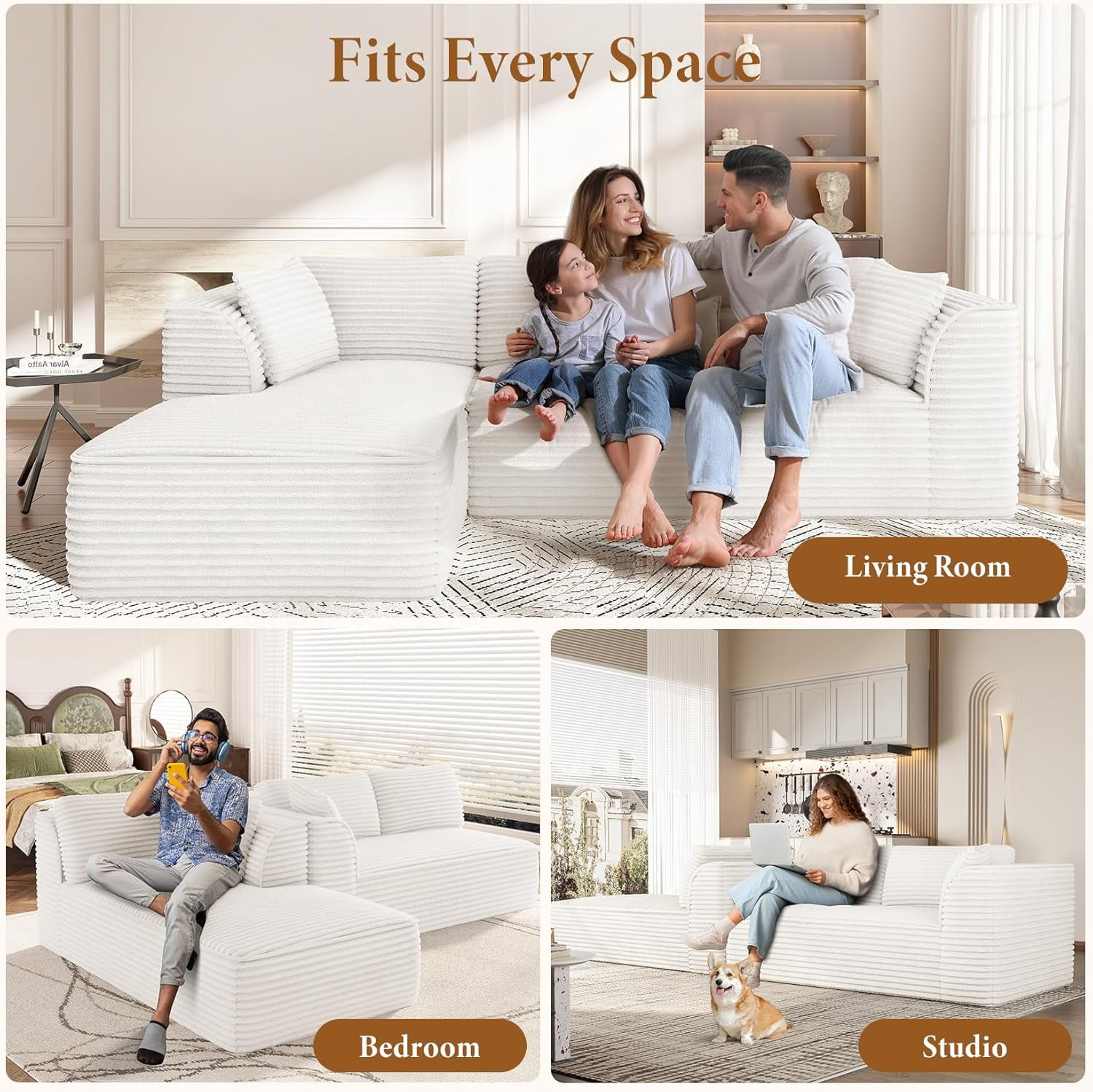 Neche 106" Boneless Couch with Chaise, Deep Seat Comfy Cloud Modular Sofa Corduroy Memory Foam Sectional Couches for Living Room Bedroom, No Assembly Required (Beige, Left-Facing Chaise)
