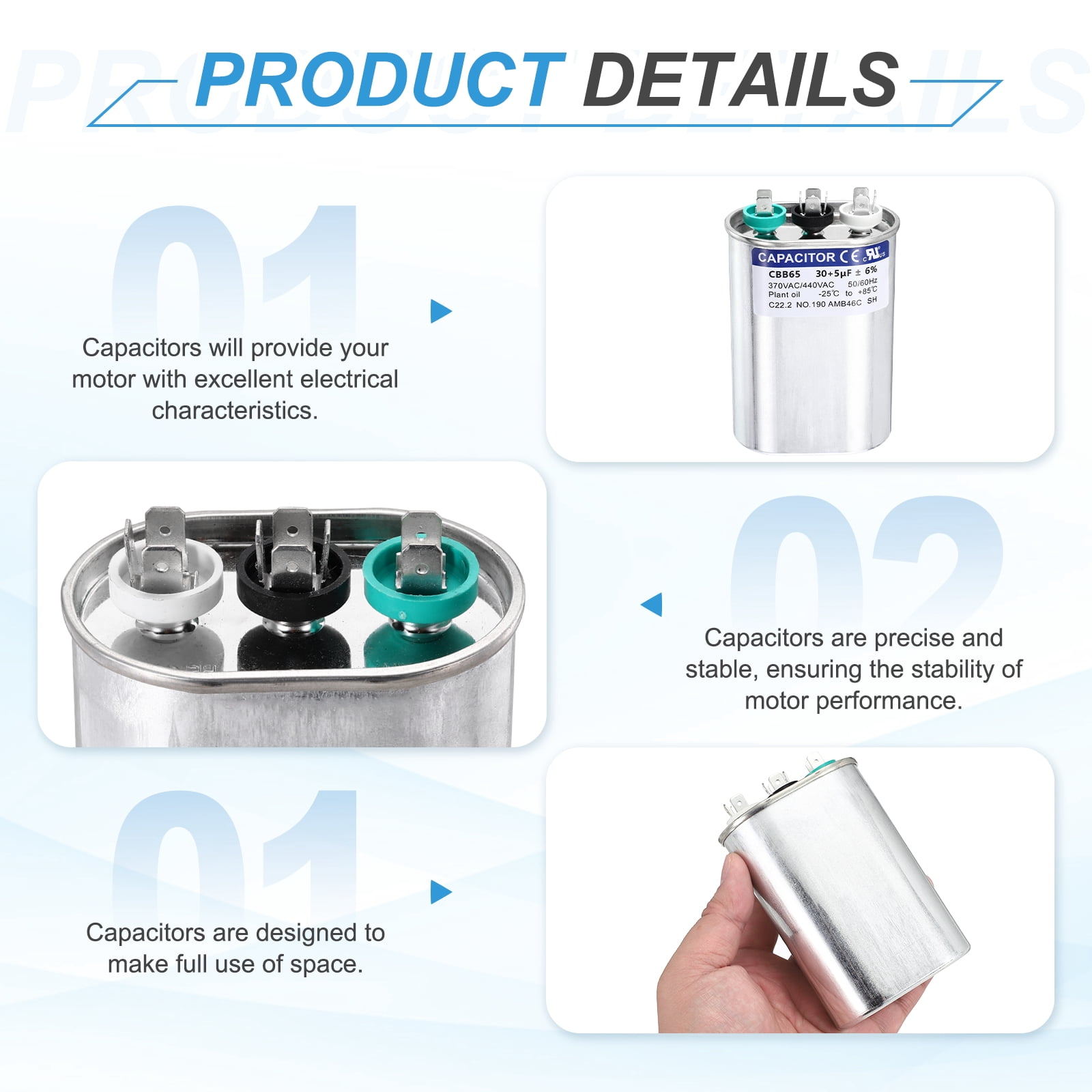 Uxcell 30+5 MFD CBB65 Run Start Capacitor 30+5 uF, 370/440V Oval AC Capacitor for AC Motor Run, HVAC, Air Conditioner, Condenser Motors