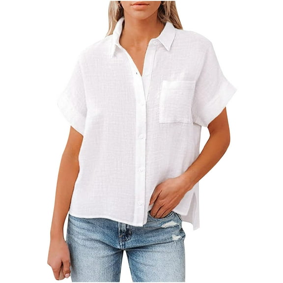 Vmvidoty Women's Casual Short Sleeve Button Down Shirts Cotton Blouses V Neck Casual Tunics Solid Color Tops with Pockets White XL