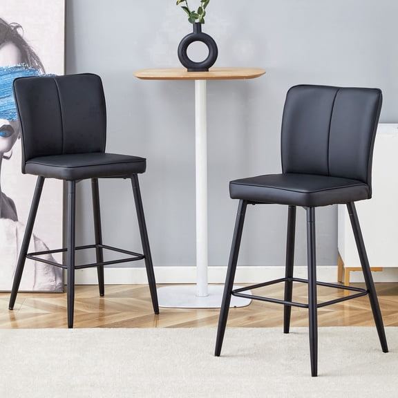 Ciphrias Bar Stools Set of 2, Black PU Leather Upholstered Counter Height Chairs with Backrest Footrest Metal Legs for Kitchen Island Bar