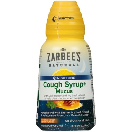 Zarbee's Naturals Cough Syrup + Mucus Nighttime with Dark Honey - Herbal Blend with Thyme, Ivy Leaf Extract & Melatonin to Promote a Peaceful Sleep*, Natural Honey Lemon Flavor , 8 Fl. (Best Expectorant Cough Syrup In India)
