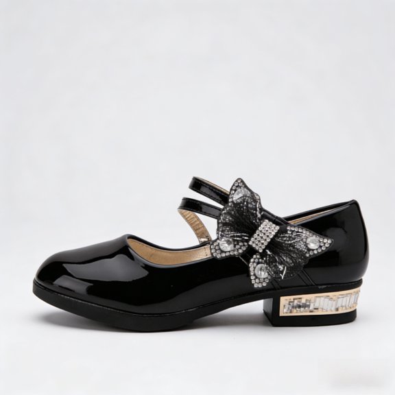 REDARER Rhinestone Bow Double Strap Performance Dance Leather Dress Shoes, Round Toe Low Block Heel, (Girls'),7-8 Years