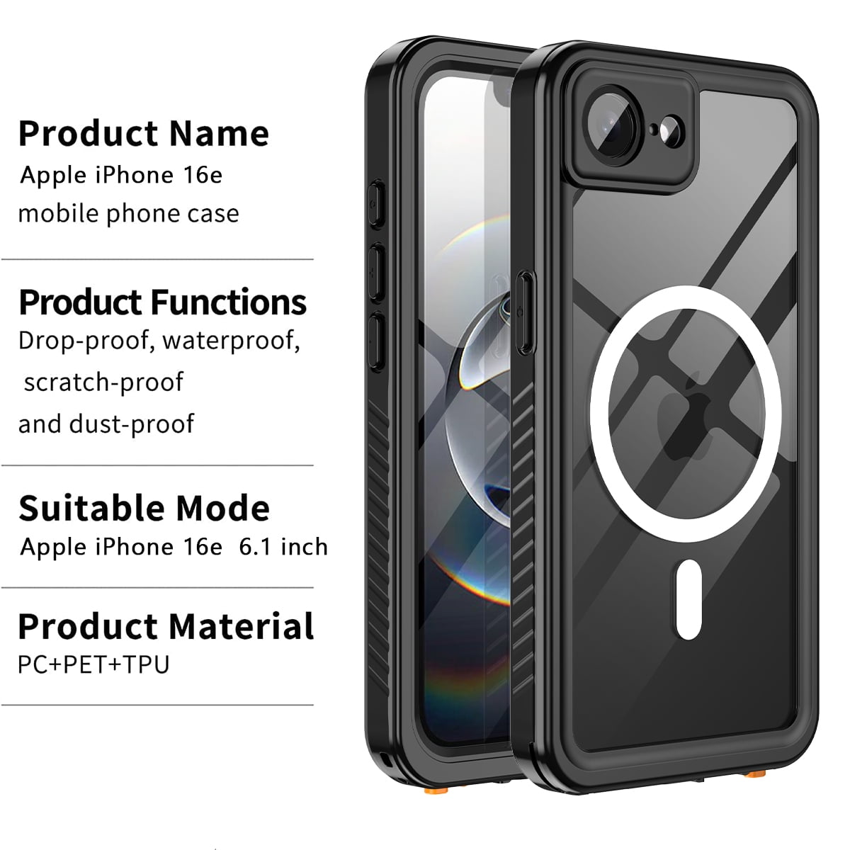 Casetego for iPhone 16e Waterproof Case,Compatible with MagSafe,with Built-in Screen Protector Full-Body Snowproof,Dustproof and Shockproof Protective Magnetic iPhone 16e 6.1" 2025 Phone Case,Black