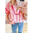 thumbnail image 2 of Women's Pink Ric-Rac Trim Ruffled Sleeve V Neck Bow Striped Printed Blouse - [ZhiHiMeRi] | (US 12-14)L, 2 of 9