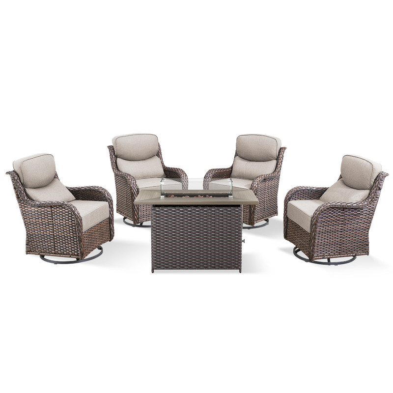 PARKWELL 5-Piece Outdoor Patio Furniture High Back Conversation Set with Swivel Glider Chairs and Fire Pit Table,50,000 BTU,Luxury 6" Thick Cushions,Wicker Patio Set for Deck, Backyard,Brown/Beige