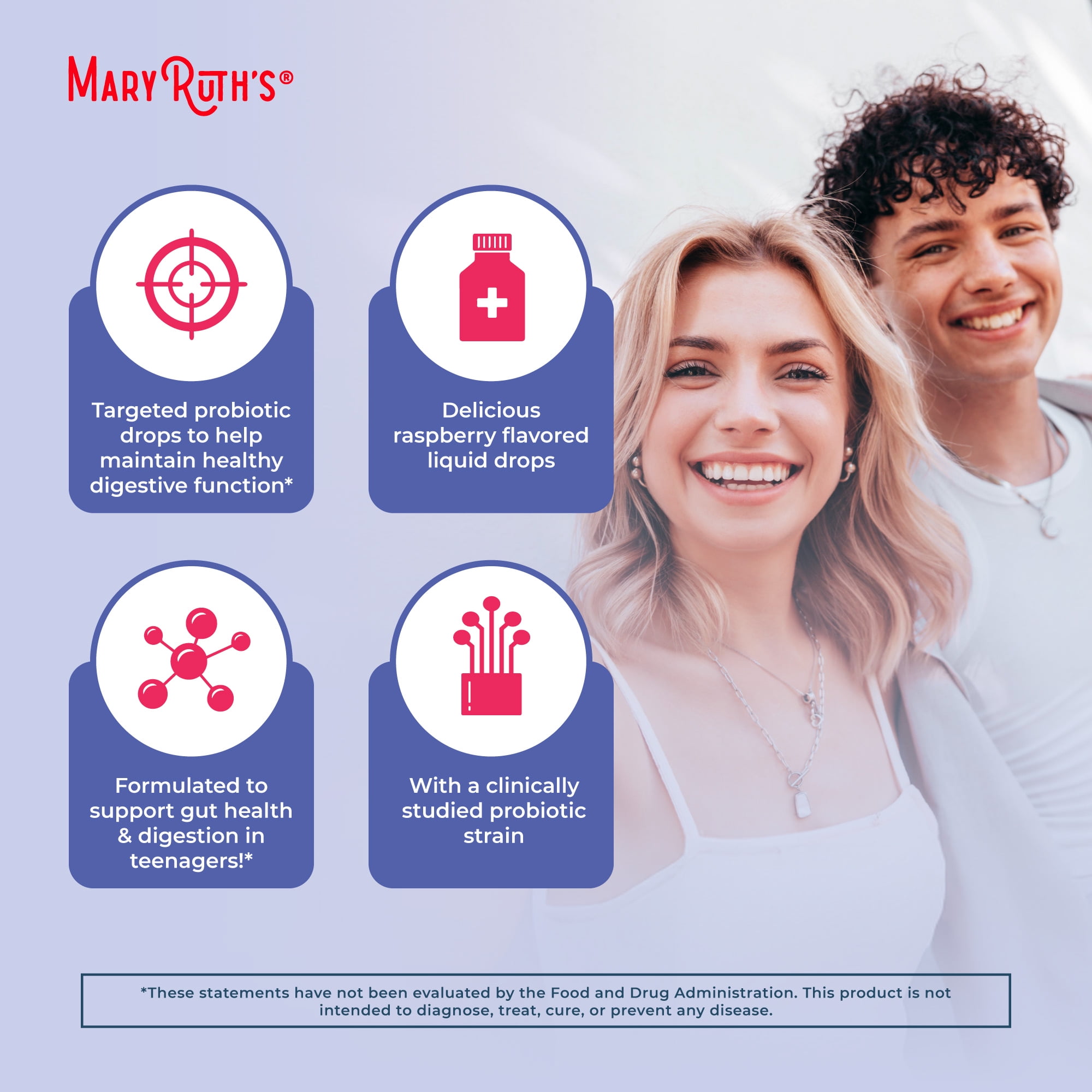MaryRuth's Precision Probiotic Digestion Drops for Teens, Ages 14+, Raspberry, Organic, Vegan, Gluten-Free, Unisex, 0.5 fl oz