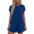 thumbnail image 1 of Lovzfmll Combinaison pour Femmes, Col Rond à Manches Courtes avec Poche, Jambe Grand, Barboteuse d'Été Décontractée Bleue, G, 1 of 9
