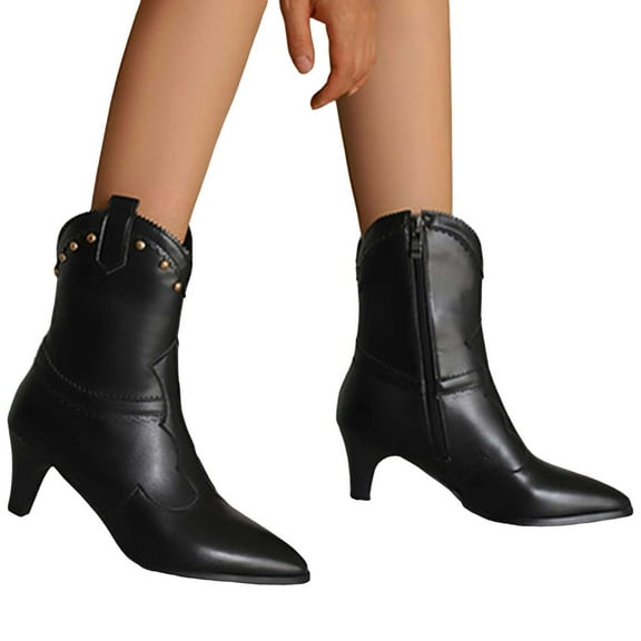 Mostsola Cowboy Boots for Women Zipper Kitten Heels Trendy Stitched Pointed Toe Cowgirl Boots