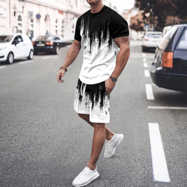 Men's Suit Category - All-Over Print Short Sleeve Tee and Quarter Pants Two-Piece Set for Men
