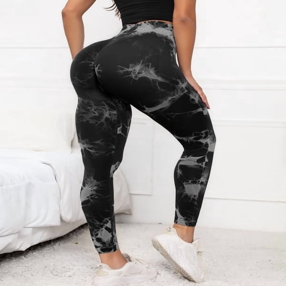 Tie Dye Hidden Scrunch Leggings for Women Tummy Control Butt Lifting Yoga Pants High Waist Compression Workout Tight,M,Black