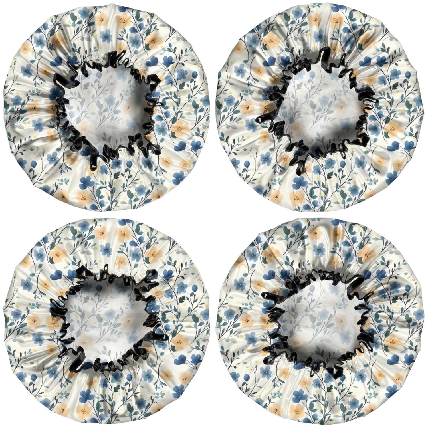 Shower Caps,Pioneer Flower Floral Print Pattern Waterproof Shower Cap for Women 4 Pieces,Double Reusable Hair Cover for Shower PEVA Elastic Stretch Hem