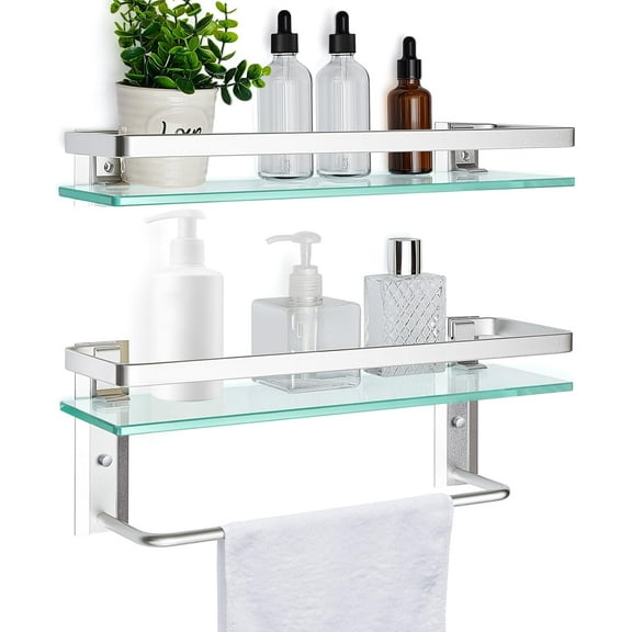 Set of 2 Glass Bathroom Shelf with Towel Bar, 15.7 x 4.72 Inches, Contemporary Bathroom Shelf Floating Shelves Hanging Metal Room Shelves Rustproof Wall Mount Organizer Decorative(Silver)