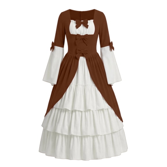 Ynynloco Women's Renaissance Medieval Costume Victorian Dress Long Sleeve Boho Midi Dress Vintage Square Neck Tiered Ruffle Flowy Pockets Dress