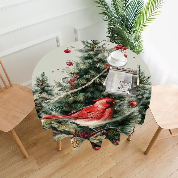 RKSupls 60 Inch Round Tablecloth, Bird Christmas Premium Polyester Straight Edge Wrinkle Resistant Washable Table Cover for Party Home Dining Decor