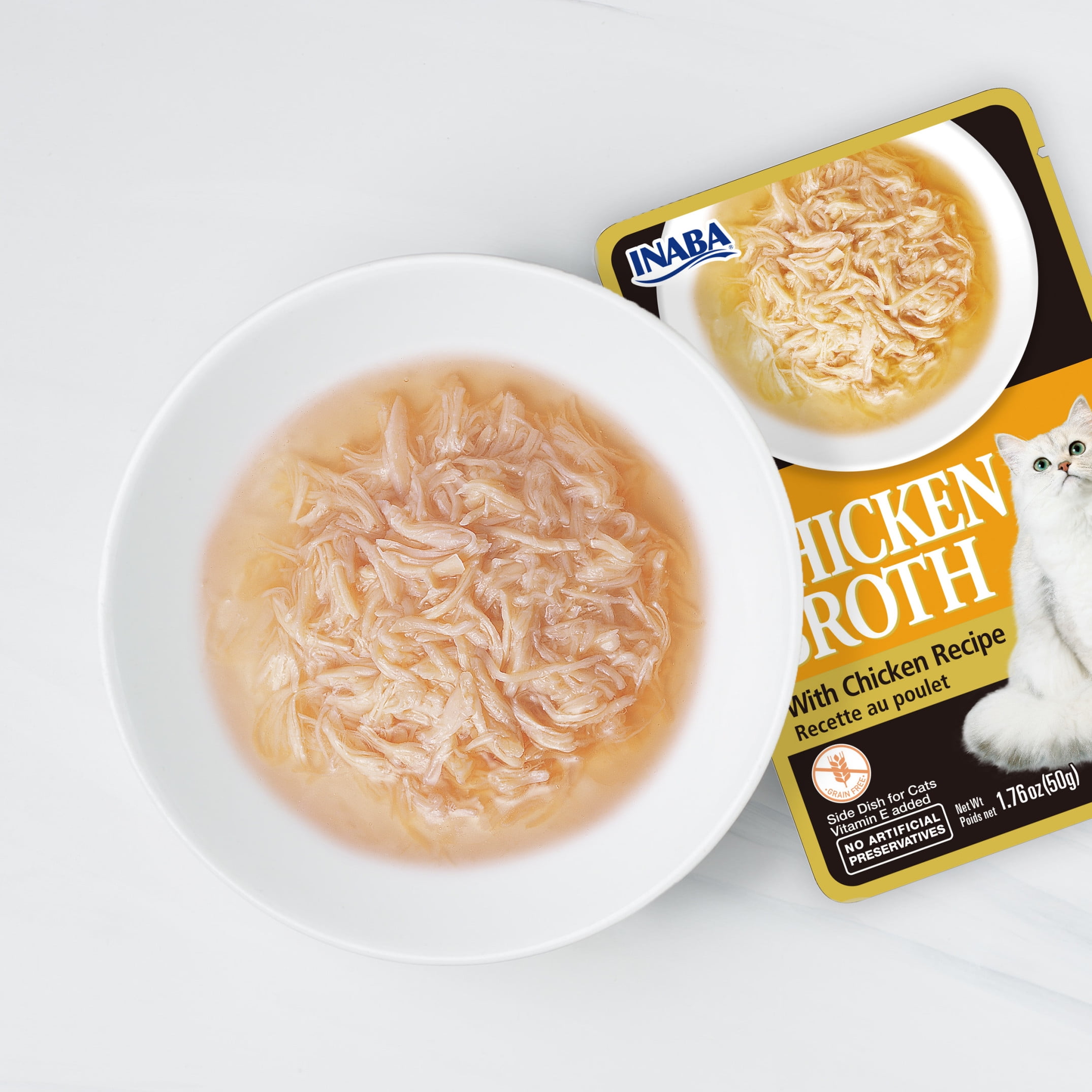 INABA Chicken Broth Complement/Topper/Treat for Cats, Eight 1.76 oz Pouches, Chicken & Salmon