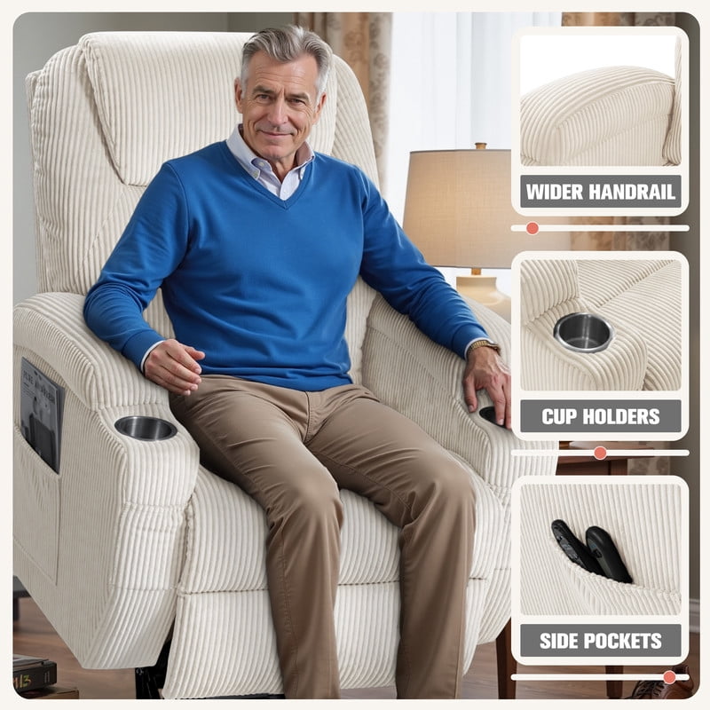 Homall Power Lift Massage Recliner Chair with Eight Vibrating Massages Ergonomic Chair with Side Pocket and Soft Corduroy for Living Room,Beige