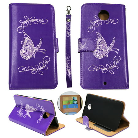 White Flower Butterfly Wallet Folio Case for Motorola Nexus 6 Google Nexus 6 Fashion Flip PU Leather Cover Card ID Card Slots &