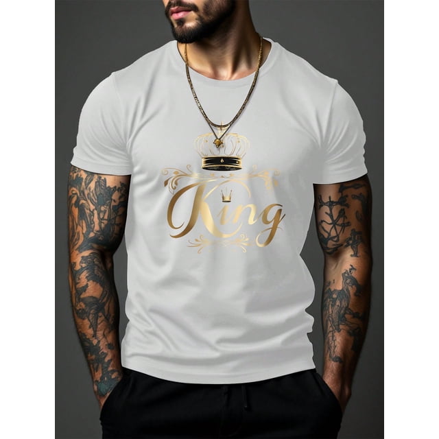 Manfinity Homme T-Shirt à Manches Courtes Col Rond Imprimé Roi, Haut d'Été Décontracté, pour Amis