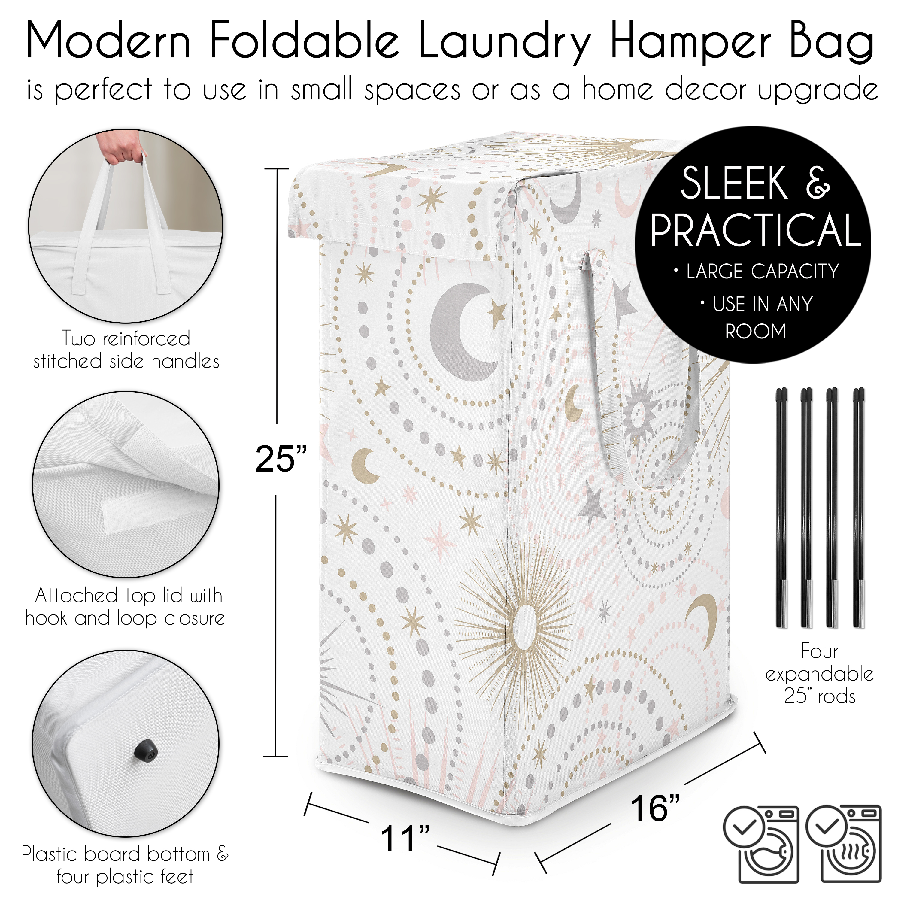 Sweet Jojo Designs Celestial Pink Grey and Gold Foldable Laundry Hamper with Handles