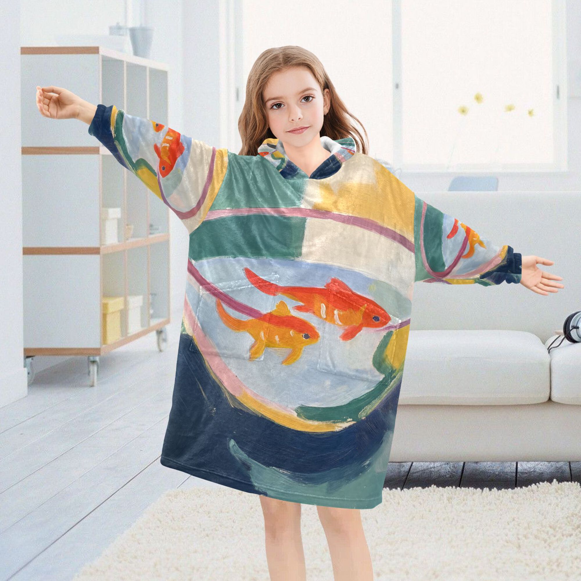 FORMRS Wearable Blanket Hoodie with Sleeves for Kids Cozy Flannel Sweatshirt, Goldfish Bowl