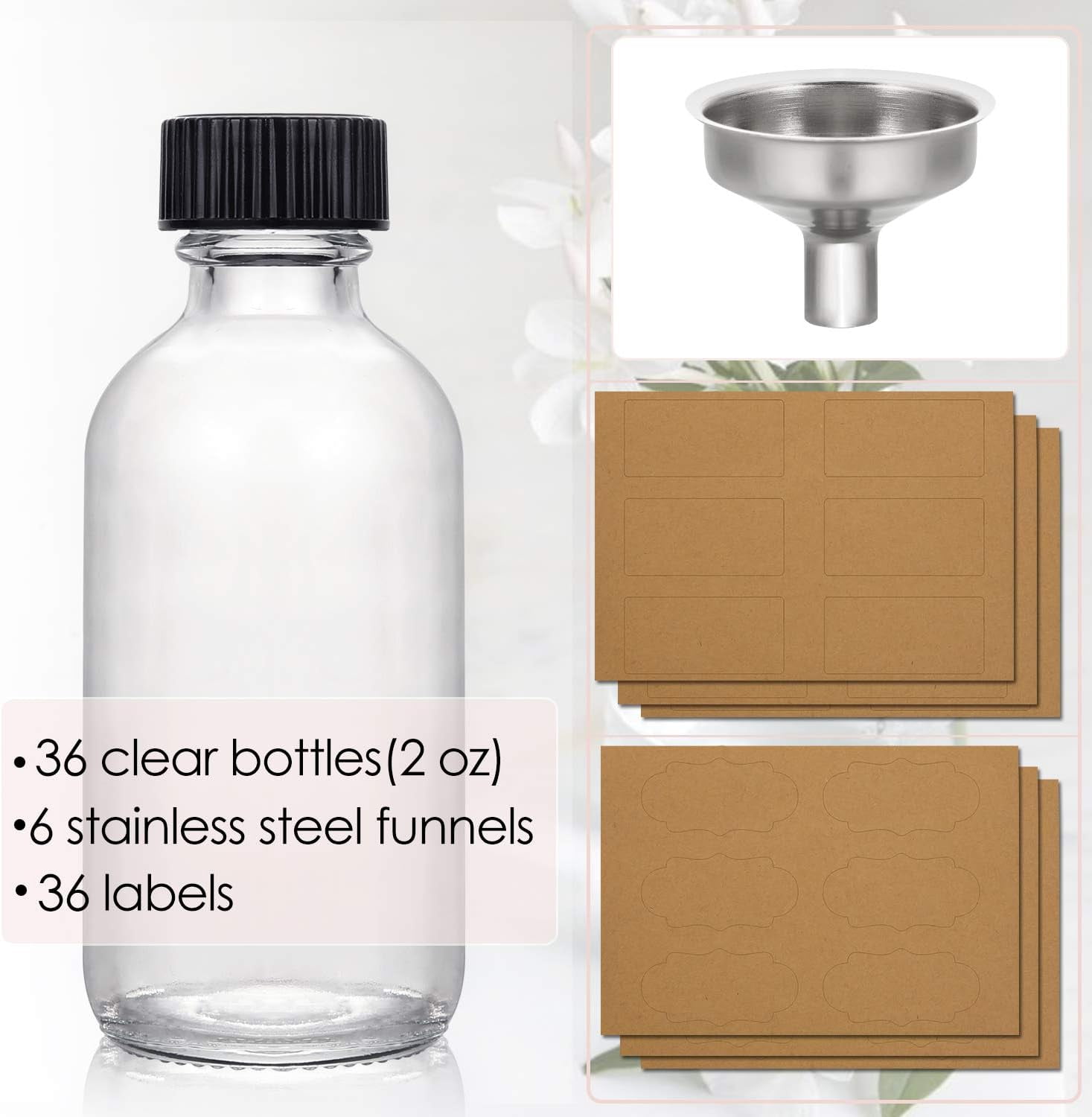 Gleam A36 Pack,2 oz Small Clear Glass Bottles w/ Lid & 6 Stainless Steel Funnel -60ml Boston Sample Bottles-Mini Travel Essential or Decorative Bottles for Potion,Juice,Wellness,Ginger Shots,Whiskey
