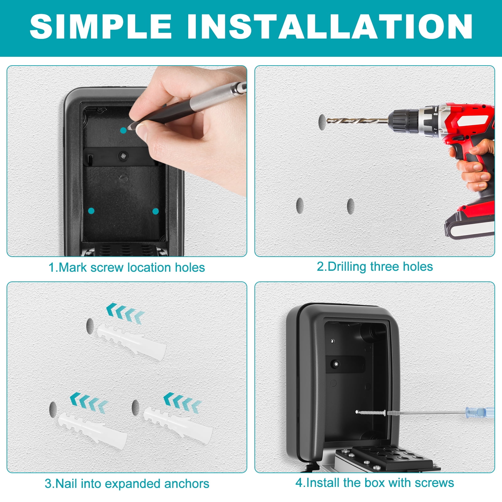 Key Lock Box Wall Mounted Key Storage Box Outdoor Security Lockbox for Key 12 Digit Combination Code Large Capacity & Waterproof Key Lock Box for Home, Office, Garage