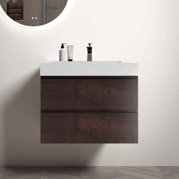 Bathroom Vanity Alice 30" Walnut Bathroom Vanity with Sink, Large Storage Wall Mounted Floating Bathroom Vanity for Modern Bathroom, One-Piece White Sink Basin without Drain and Faucet, Pre-assemble