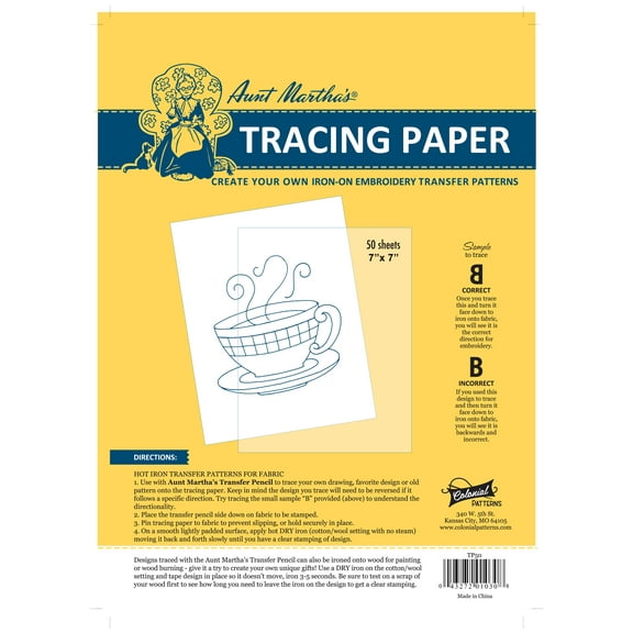 Aunt Martha's Tracing Paper 50 Sheets for Art Projects or to Create Your Own Transfer Patterns Sheet Size 7x7 Inches