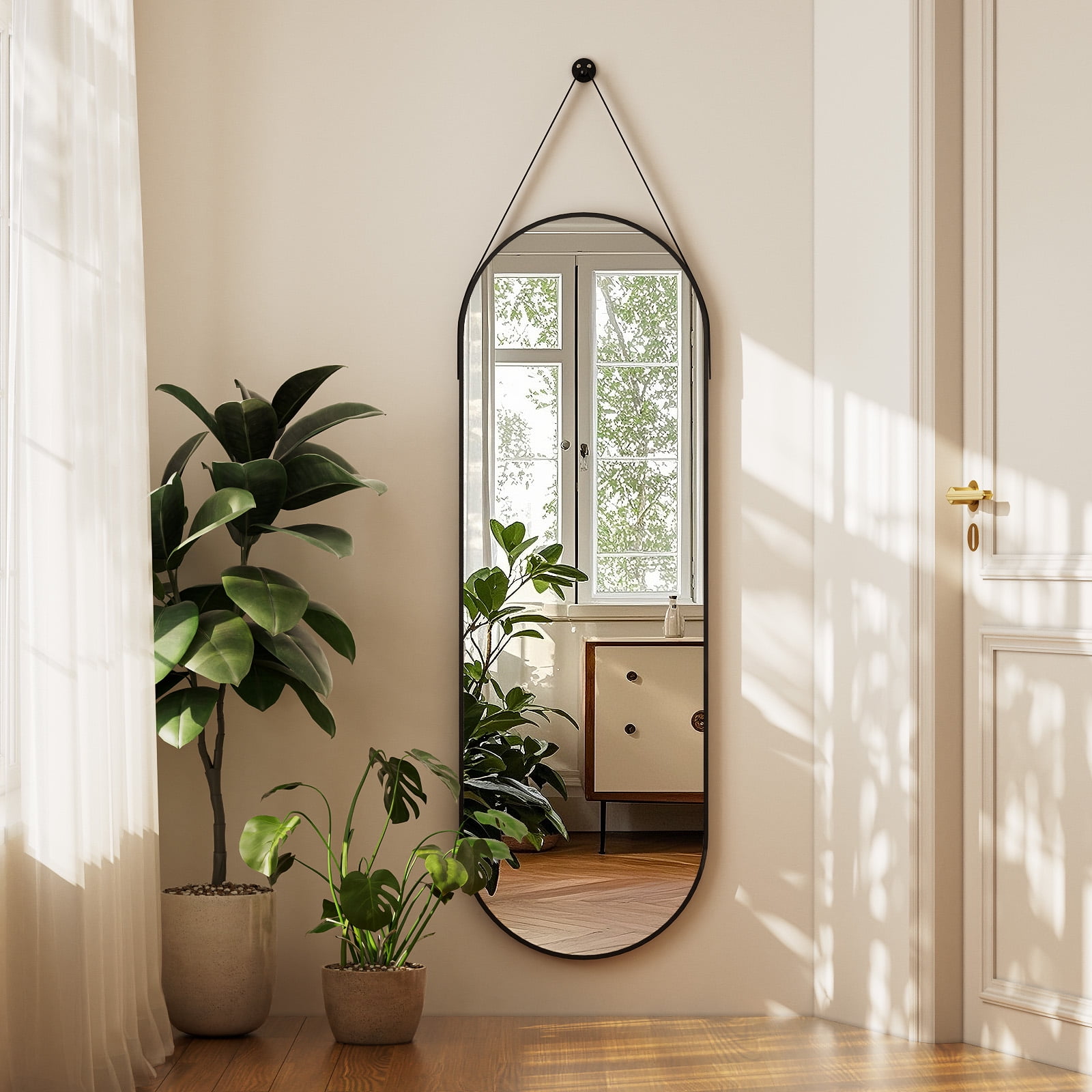 BEAUTYPEAK 48" x 16" Full Length Mirror Oval Hanging Wall Mirror with Leather Strap,Black