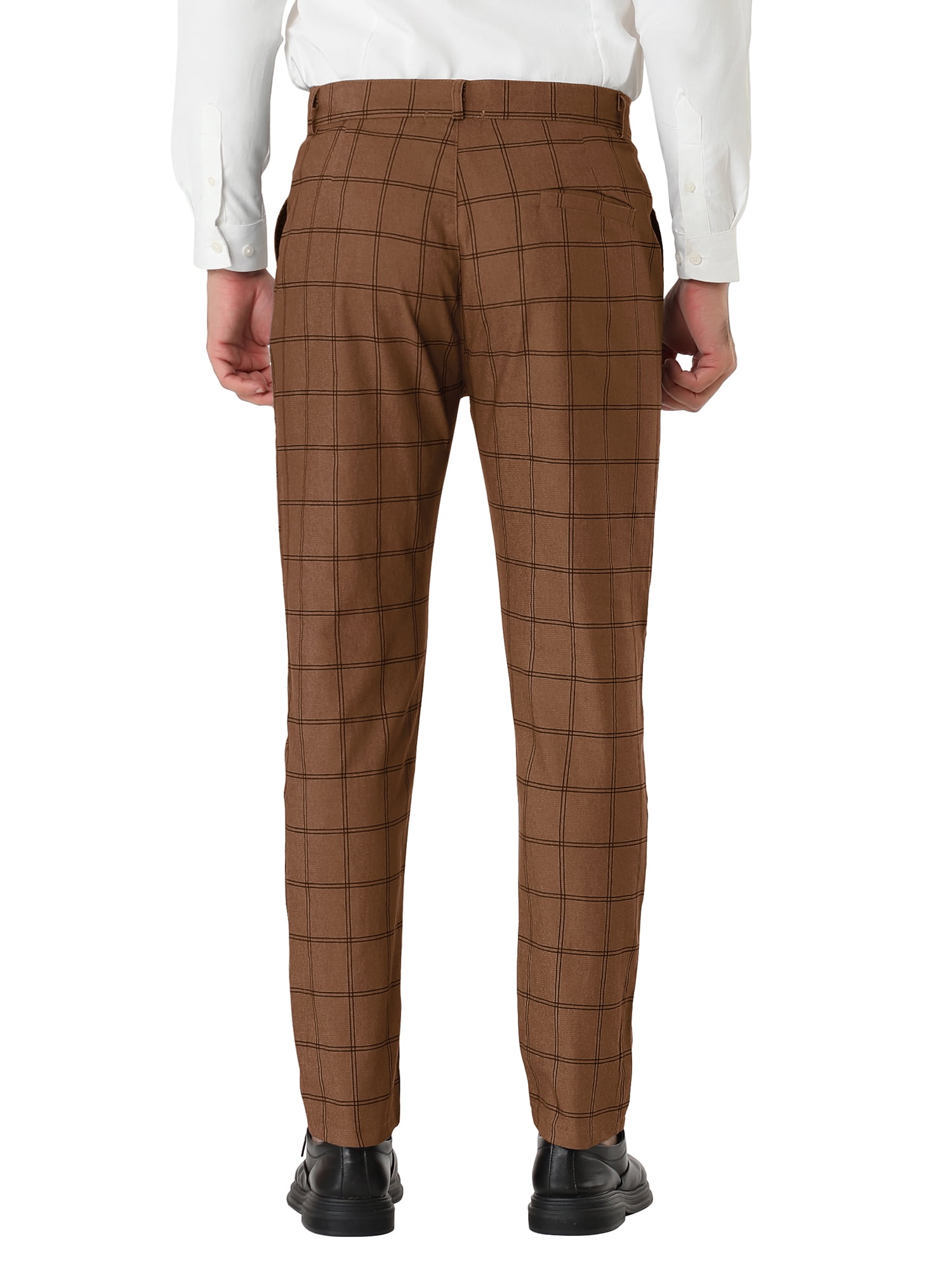 Unique Bargains Men's Slim Fit Plaid Business Pants Trousers with Pockets 38 Dark Brown