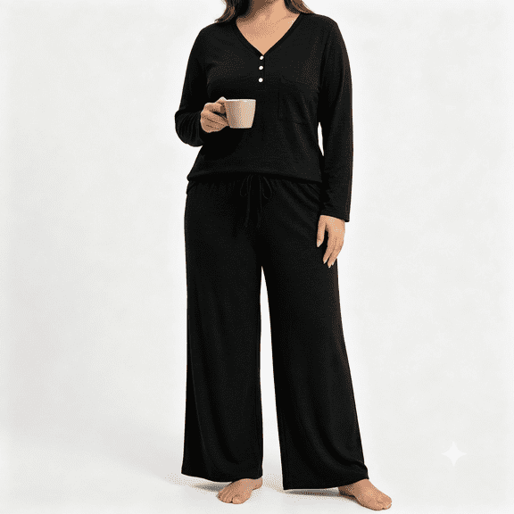 POROPL Pajamas for Women Plus Size,Long Sleeve V Neck Sleepwear with Wide Leg Pants Sizes XL-5X