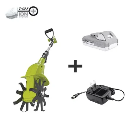 Sun Joe 24V-TLR-LTE 24-Volt iON+ Cordless Garden Tiller + Cultivator Kit ,W/ 2.0-Ah Battery and Charger