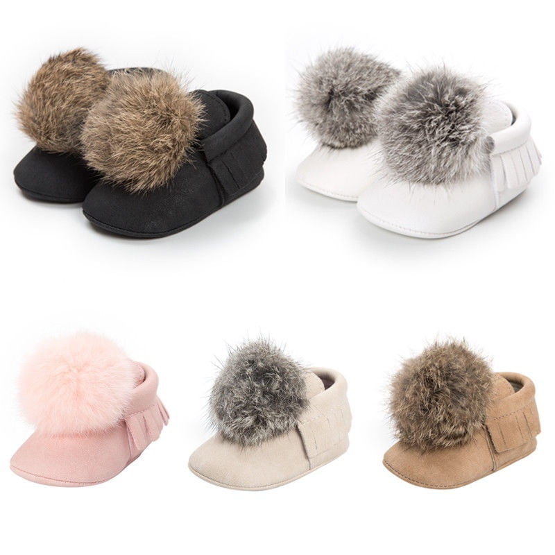 UK Toddler Baby Girl Fluffy Fur Soft Sole Sandal Slide Anti-slip Pram Crib Shoes 