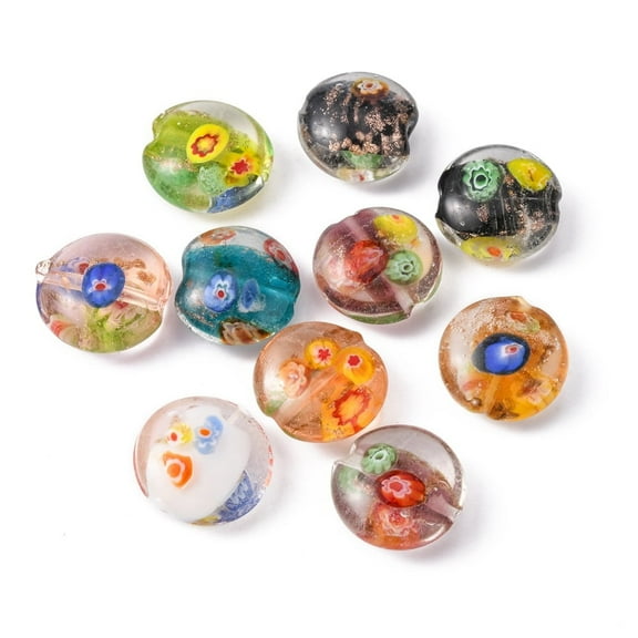 10pc Handmade Gold Sand Lampwork Beads with Millefiori Glass Flat Round Mixed Color 20x10mm Hole: 1.5mm
