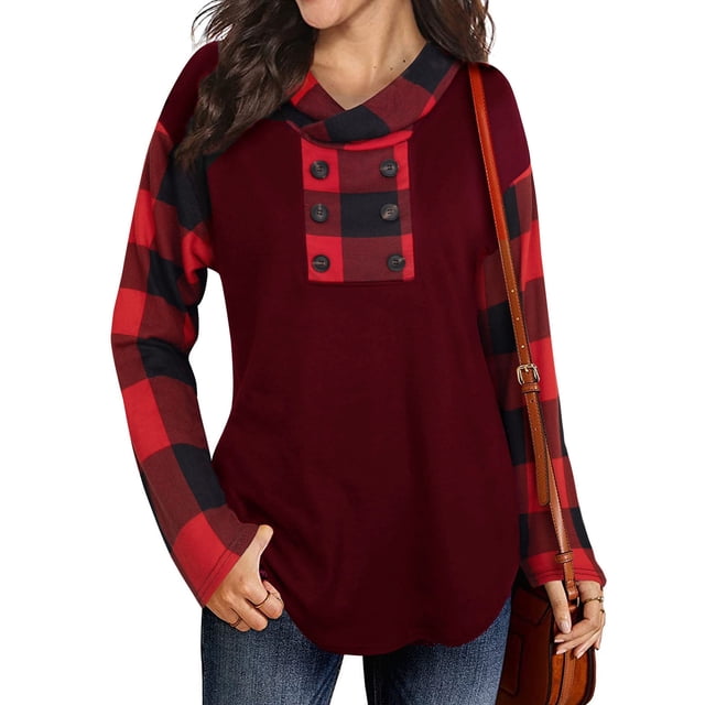 Top de mujer de manga larga con estampado a cuadros, blusa con capucha empalmada para traje de otoño e invierno, rojo vino S